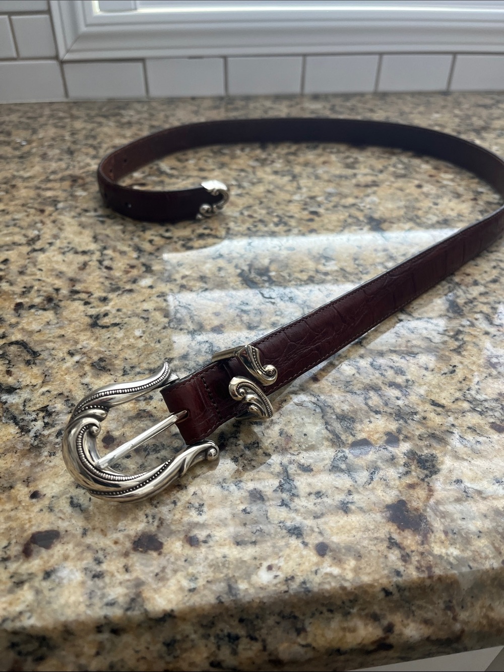 Brighton Women's Dark Brown Croc-Embossed Leather Belt with Ornate Silver Buckle